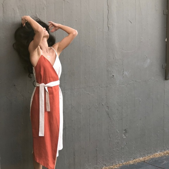 Midi Linen Wrap Dress (Beige and Orange) - Picture 2 of 3